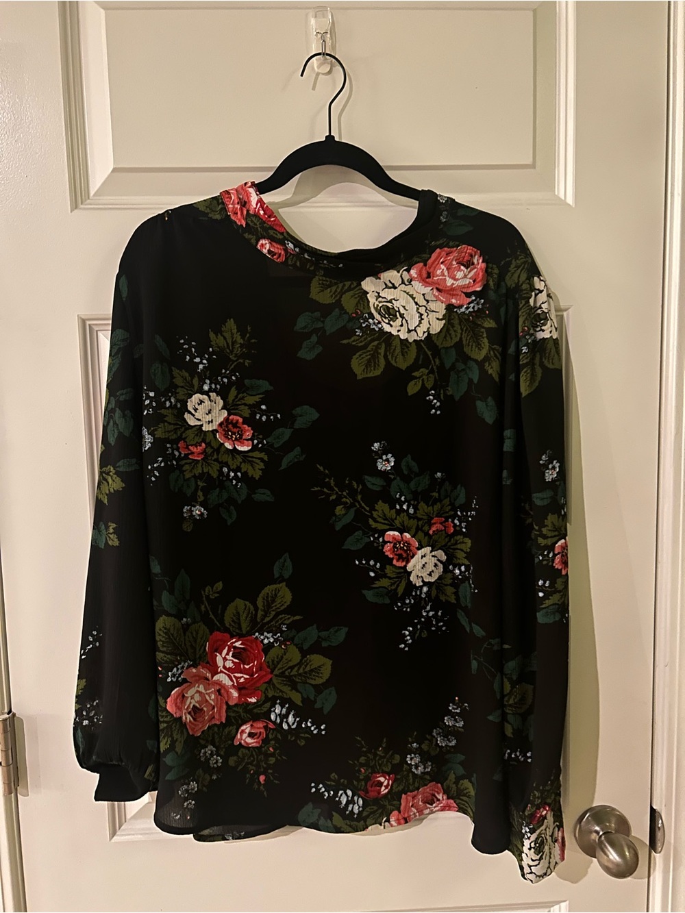 LOFT Black Floral Long-Sleeve Blouse with Red and Cream Roses